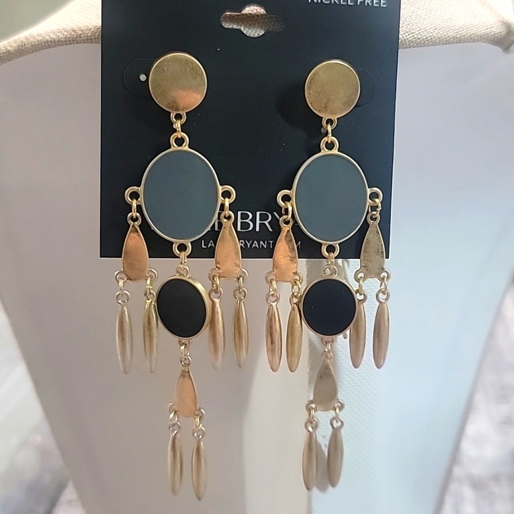 Lane Bryant Elegant Gold Tone and Black/grey Dangle Earrings 4"